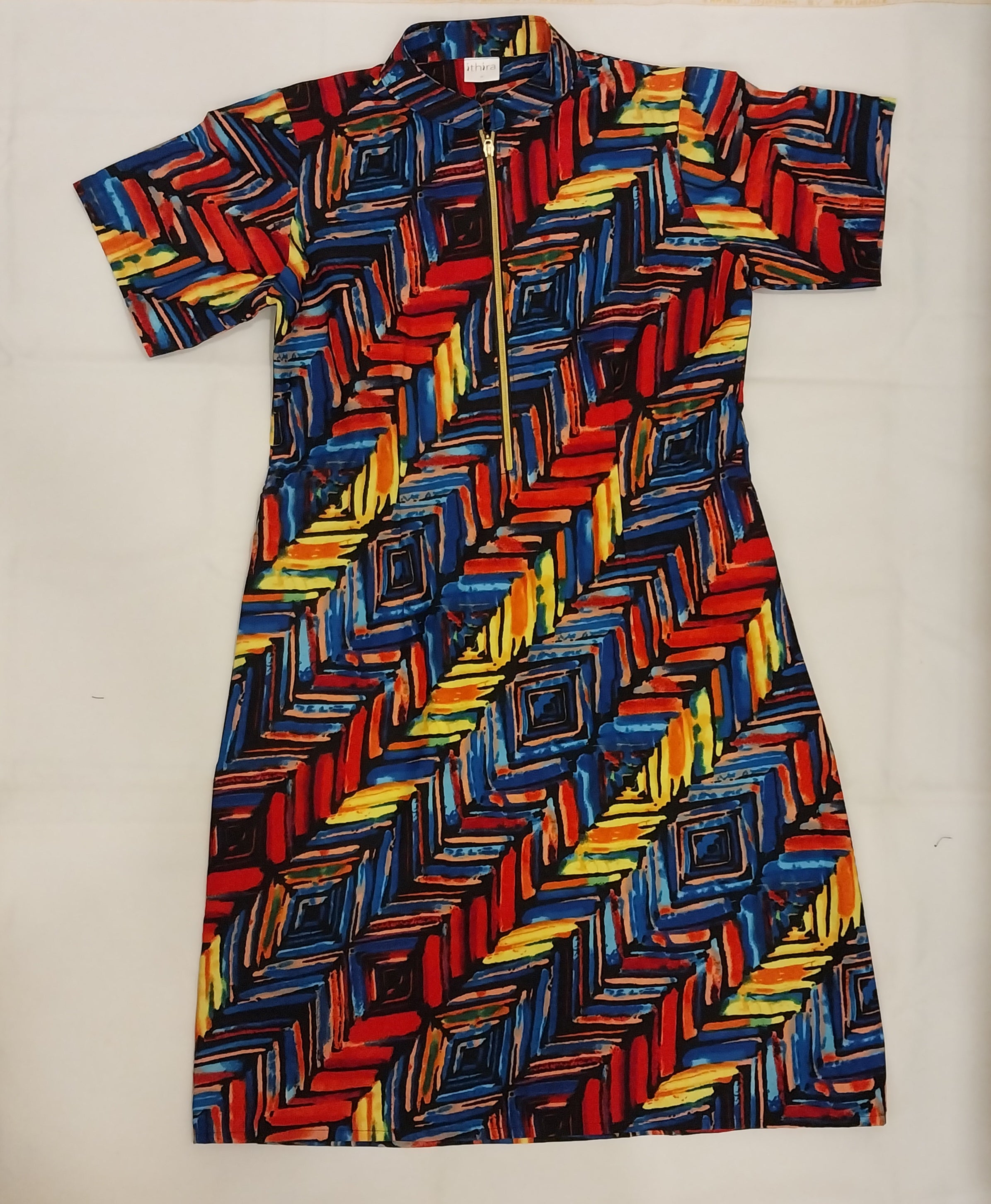 Blue & Red Geometric Half-Zipped Sleeved Knee-Length Dresses – Effortless Style Meets Everyday Comfort