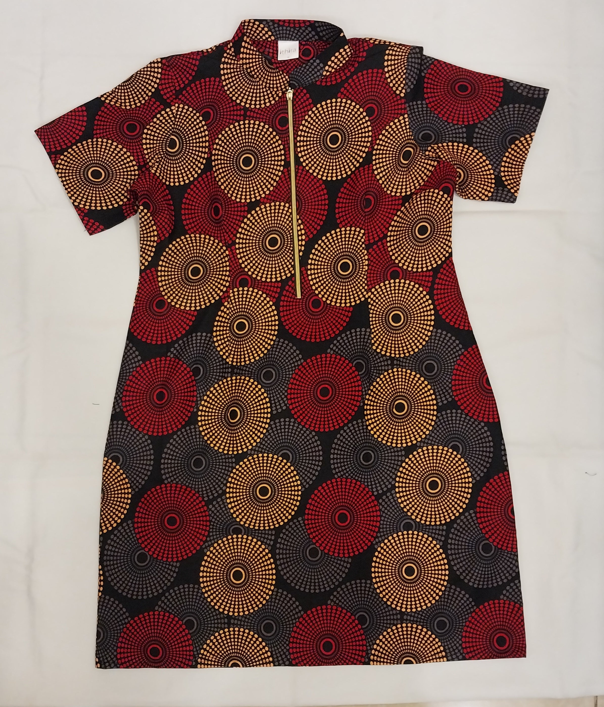 Red & Brown Geometric Half-Zipped Sleeved Knee-Length Dresses – Effortless Style Meets Everyday Comfort