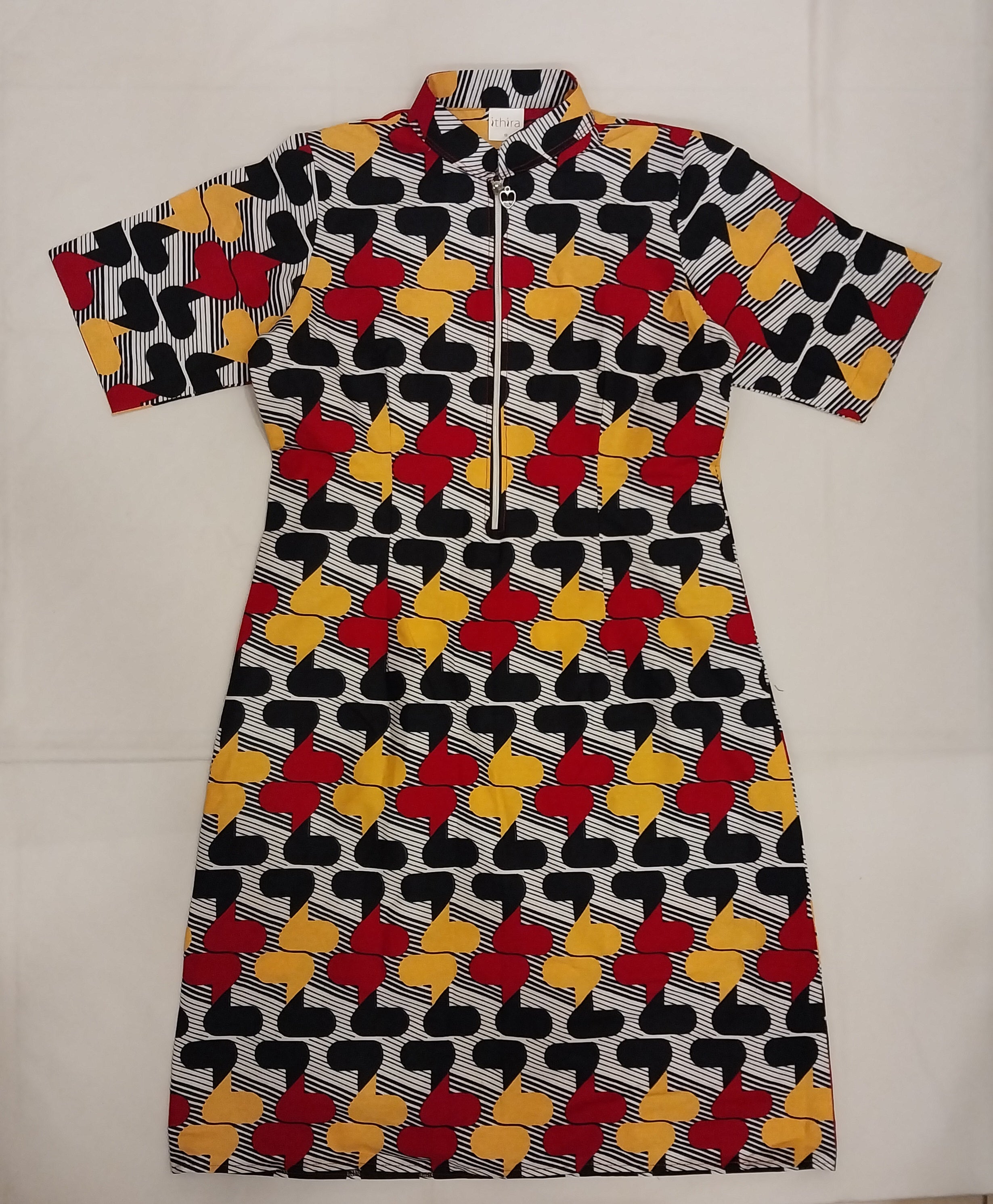 Red & Yellow Geometric Half-Zipped Sleeved Knee-Length Dresses – Effortless Style Meets Everyday Comfort